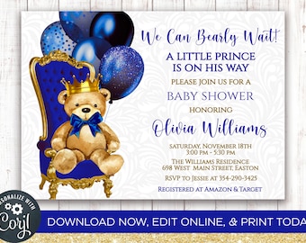 INSTANT DOWNLOAD, Bear Prince Baby Shower Invitation, Royal, Prince, King, Teddy Bear, Navy Blue, Balloons, Digital