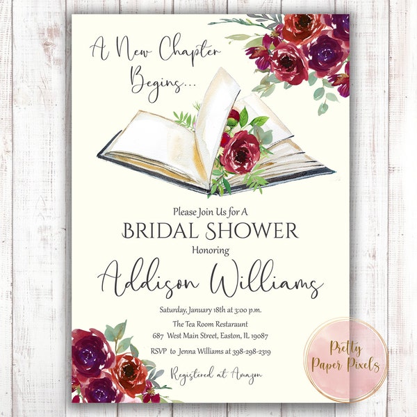 Book Bridal Shower Invitation, Library Bridal Shower Invitation, Book Lover, New Chapter Begins, Watercolor, Digital or Printed