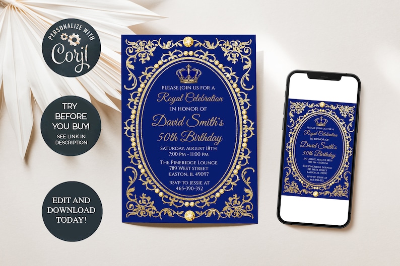 Royal Birthday Party Invitation King Queen Blue Gold Etsy
