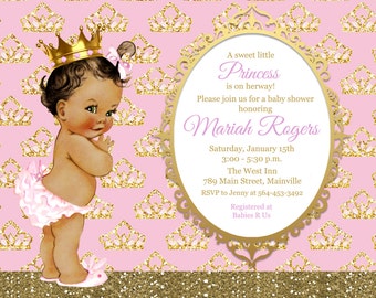 ANY SKIN TONE - Princess Baby Shower Invitation, Pink, Gold, Glitter, Sparkle,, Digital or Printed