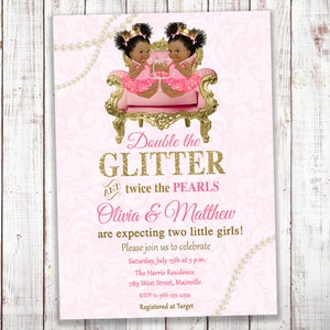 Twins Baby Shower Invitation, Twin Girls, Twins, Girl, Gold, Pink, Tutu, Pearls, Glitter, Invitation, Baby Shower, Digital or Printed