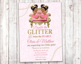 Twins Baby Shower Invitation, Twin Girls, Twins, Girl, Gold, Pink, Tutu, Pearls, Glitter, Invitation, Baby Shower, Digital or Printed