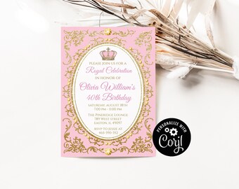 Invitación a fiesta de cumpleaños real, reina, princesa, rosa y dorado, morado y dorado, corona, elegante, plantilla digital editable, descarga instantánea