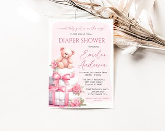 Invitación para baby shower de pañales para niña - Niña - Torta de pañales - Osito de peluche - Rosa - Baby Shower - Baby Shower de pañales - Digital o impresa