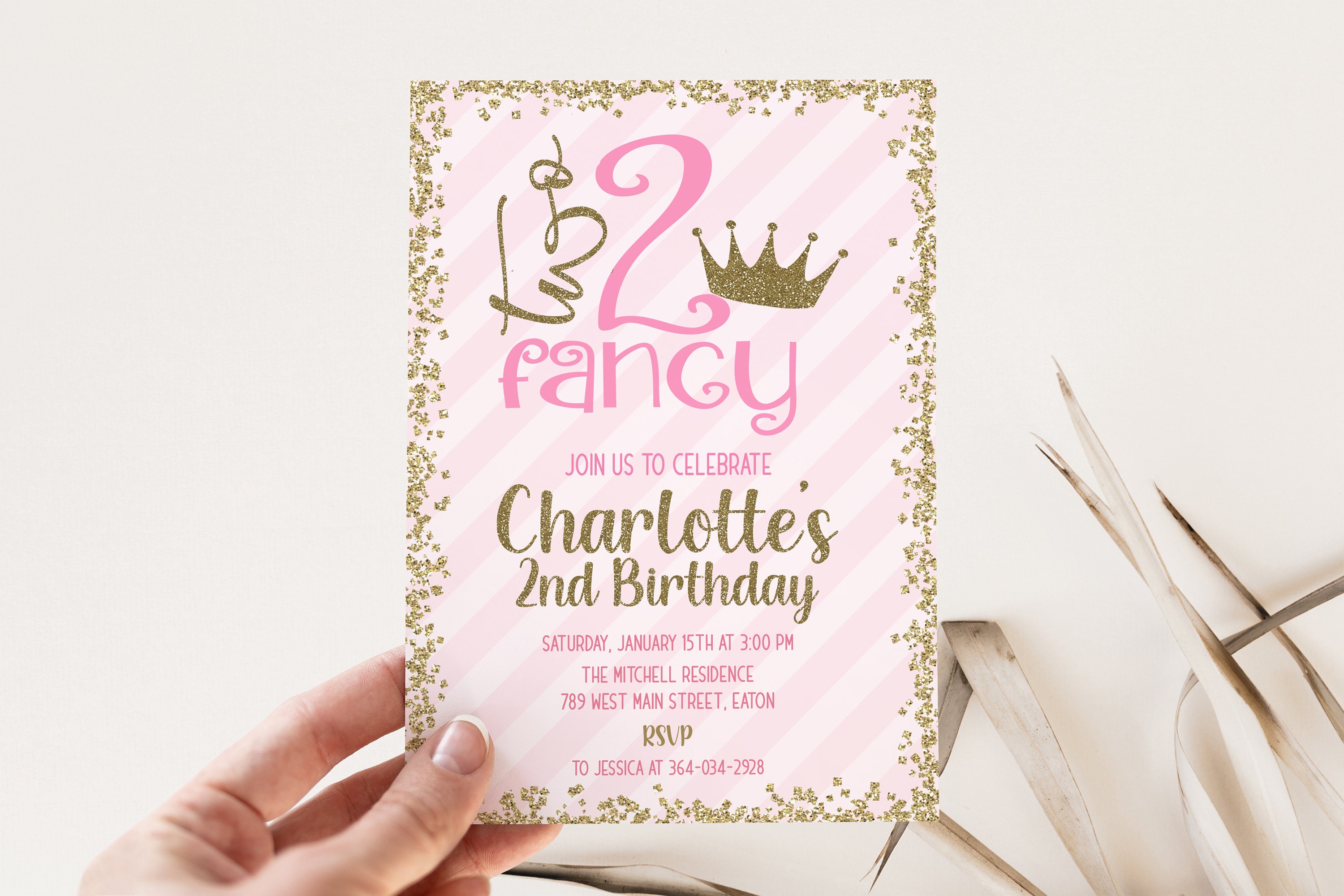 Two Fancy 2nd Birthday Party Invitation, Pink. Gold, 2nd Birthday, Two ...