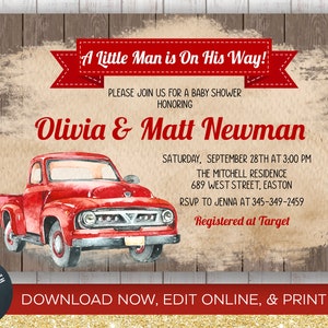 INSTANT DOWNLOAD, Truck Baby Shower Invitation, Vintage Truck, Baby Boy, Rustic, Boy, Red Truck, Invite, Editable, Digital, Download