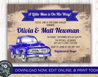 INSTANT DOWNLOAD, Truck Baby Shower Invitation, Vintage Truck, Baby Boy, Rustic, Boy, Blue Truck, Invite, Editable, Digital, Download