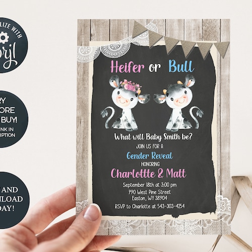 Cow Gender Reveal Invitation Heifer Bull Gender Reveal Boy Etsy Canada