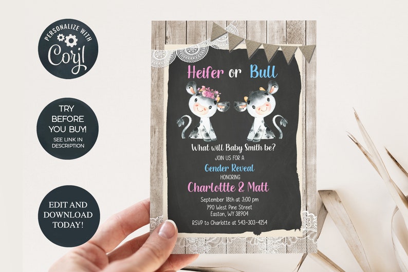 Cow Gender Reveal Invitation Heifer Bull Gender Reveal Boy Etsy