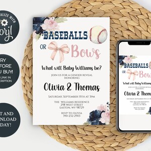EDITABLE, Baseballs and Bows Gender Reveal Invitation, Baseball, Gender Reveal, Boy or Girl, Bows, Pink, Blue, Printable, INSTANT DOWNLOAD
