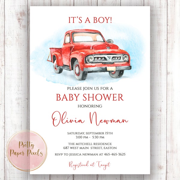 Vintage Truck Baby Shower Invitation,  Truck,  Vintage, Red Truck, Boy, Baby Boy, Invitation, Invite, Digital or Printed