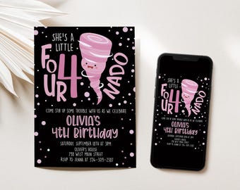 Descarga instantánea - Invitación para fiesta de cumpleaños número 4 de Fournado - Cumpleaños de niña - Little Tornado - 4 años - Plantilla digital editable para hacer tú mismo