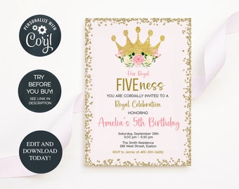 Her Royal Fiveness Invitation, Royal Fiveness Birthday, Five-ness, Princess Invitation, Editable Template, INSTANT DOWNLOAD