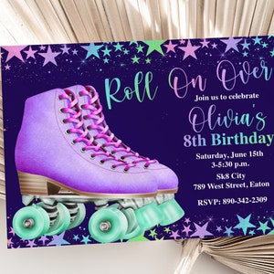 Roller Skate Birthday Party Invitation, Skating, Roller Skating, Purple, Teal, Neon, Glow, Girl, Party, Girl, Birthday, Digital or Printed