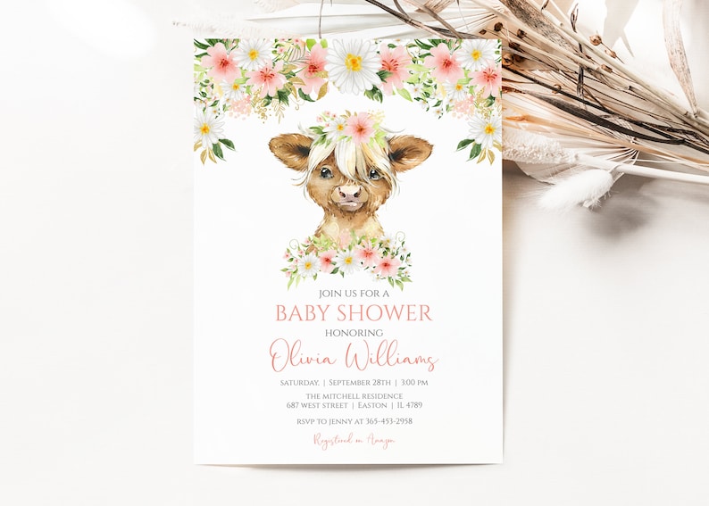 Highland Cow Girl Baby Shower Invitation Shower Baby Girl Calf Farm Pink Flower Floral Highland Cow Pink Digital or Printed