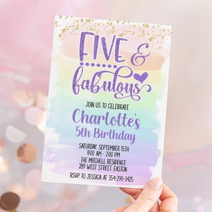 Five and Fabulous Birthday Party Invitation, Five, Fabulous, 5. urodziny, 5., dziewczyna, fioletowy, tęczowy, edytowalny, INSTANT DOWNLOAD