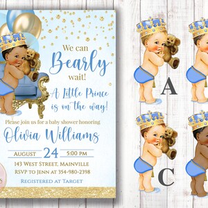 Orso Principe Baby Shower Invito, Orsacchiotto, Principe, Re, Blu, Azzurro, Oro, Palloncini, Doccia, Baby Shower, Digitale o stampato