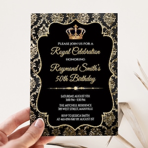 Royal Prince Birthday Party uitnodiging, koning uitnodiging, zwart en goud, kroon, Royal Celebration, digitaal of gedrukt