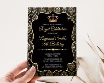 Royal Prince Birthday Party Invitation, King Invitation, Black and Gold, Crown, Royal Celebration, Digital or Printed
