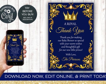 Prince Baby Shower Thank You Card, Royal, King, Baby Shower, Thank You, Crown, Boy, Baby, 4x6, Editable, INSTANT DOWNLOAD