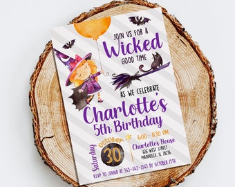 May include: A Halloween-themed invitation featuring a watercolor illustration of a witch holding a balloon and riding a broom with a black cat. The invitation announces Charlotte's 5th birthday party on October 30th.