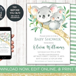 Koala Baby Shower Invitation, Koala, Baby Shower, Boy, Girl, Gender Neutral, Editable, INSTANT DOWNLOAD