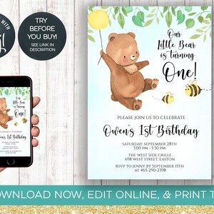DESCARGA INSTANTE, Invitación de cumpleaños del oso, Oso de peluche, Oso, Niña, Niño, Uno, Abeja, Globo, Abeja Miel, Digital, Descargar