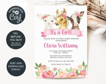 Può includere: Un invito a un baby shower rosa e bianco con un'illustrazione ad acquerello di tre animali da fattoria che indossano corone di fiori. Il testo recita "È una bambina!" e include il nome "Olivia Williams" e i dettagli dell'evento.