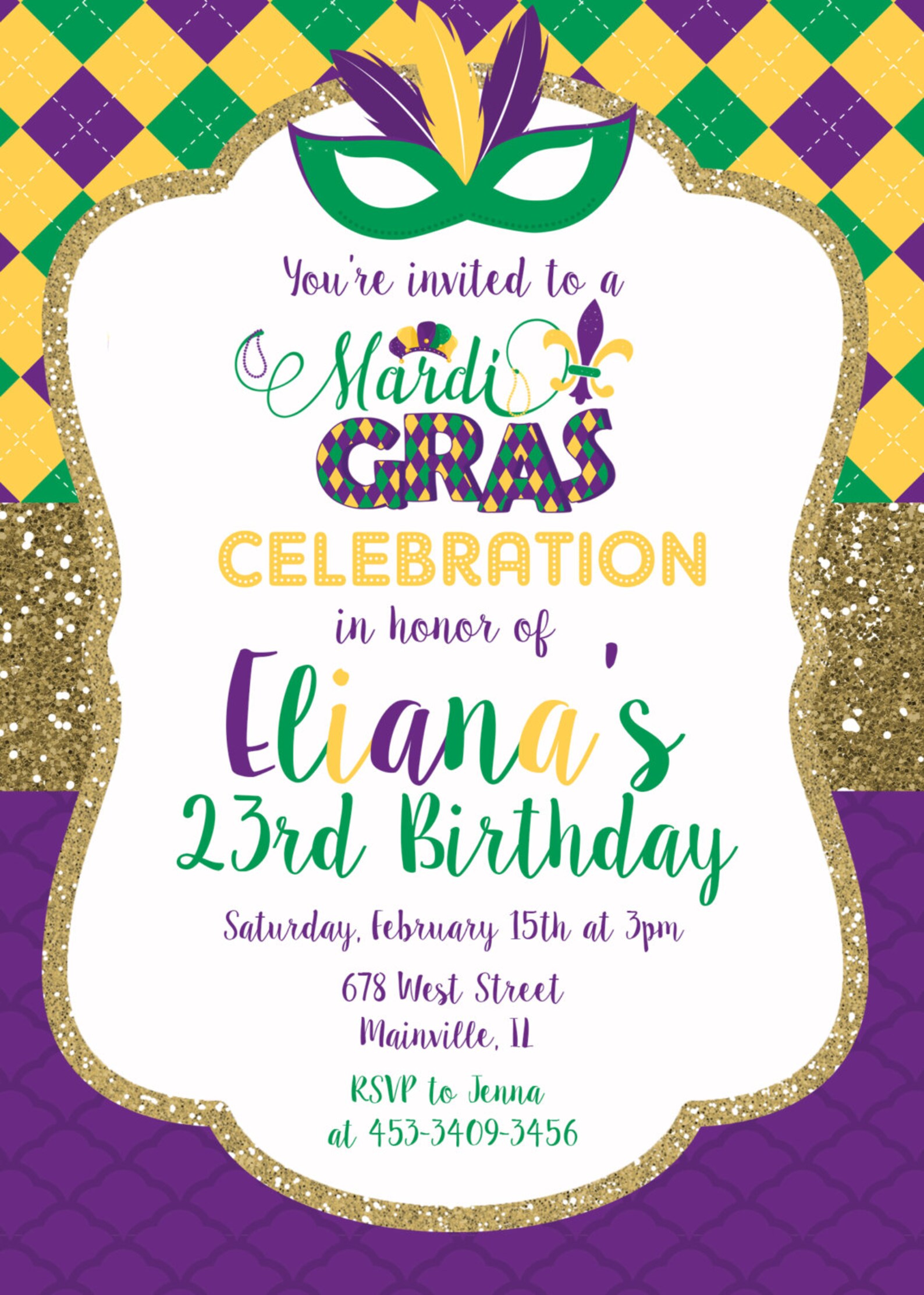 mardi gras party birthday invitation