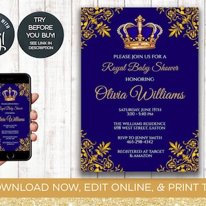 INSTANT DOWNLOAD, Prince Baby Shower Invitation, Little Prince, Baby Prince, Royal, King, Blue, Navy Blue, Gold, Baby Boy,  Baby Shower