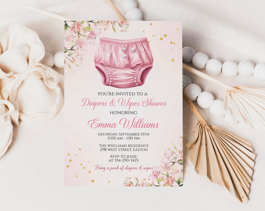 INSTANT DOWNLOAD Girl Diapers and Wipes Baby Shower Invitation, Diaper ...