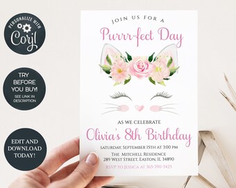 Cat Kitty Birthday Party Invitation, Floral, Cat Kitten, Girl, Cute, Invite, Cat, Digital, Editable, INSTANT DOWNLOAD