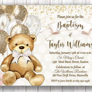 Invito battesimo orso, battesimo, bambino, bambina, neutro, oro, bianco, crema, neonato, orsacchiotto, palloncini, digitale o stampato