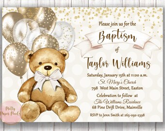 Invitation de baptême d'ours, baptême, baptême, garçon, fille, neutre, or, blanc, crème, bébé, ours en peluche, ballons, numérique ou imprimé