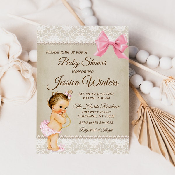 Girl Baby Shower Invitation, Pearls, Lace, Vintage, Baby Shower, Girl, Pink, Invitation, Baby Shower, Digital or Printed