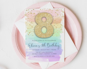 Pastel Rainbow y Gold 7th Birthday Party Invitation, Rainbow, Gold, 8, 8th, Eight, Eighth, Girl, Invite, Digital or Printed