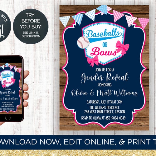 Baseball or Bows Gender Reveal Invitation Baseball and Bows Etsy