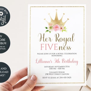 Royal Fiveness Invitation, Fifth Birthday, 5th, Five, Princess, Girl, Royal, Pink, Gold, Printable, Digital, Editable, INSTANT DOWNLOAD