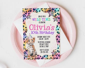 Invitación para fiesta de cumpleaños con diseño de guepardo, arcoíris, leopardo, selva salvaje, invitación con estampado de guepardo para adolescentes, animal de fiesta, digital o impresa