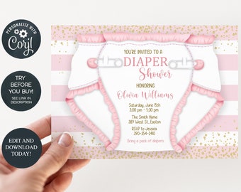 Girl Diaper Shower Invitation, Diapers and Wipes, Girl, Baby Girl, Diapers, Girl, Digital, Instant Download