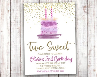 Two Sweet Second Birthday Party Invitation, Second Birthday, 2nd, Two, Cake, Sweets, Purple, Gold, Girl, Digital or Printed