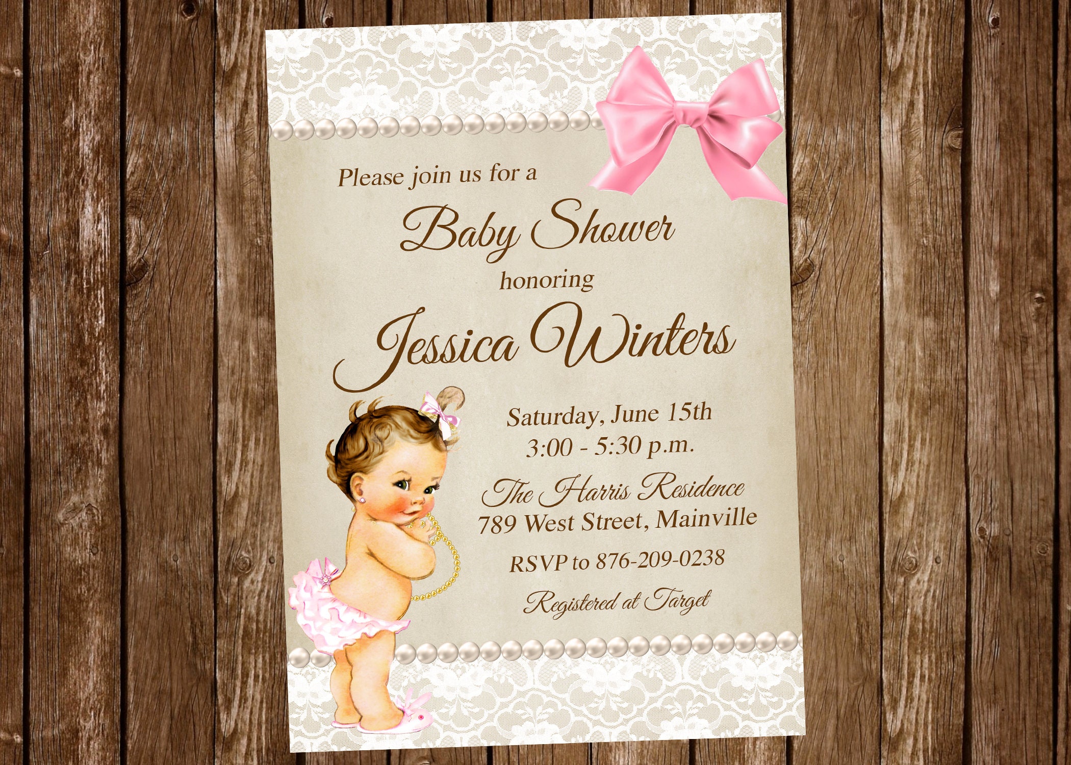 Vintage Girl Baby Shower Invitation Pearls Lace Baby Etsy