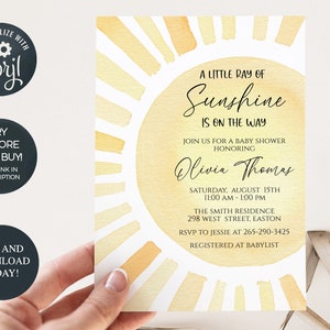 Sunshine Baby Shower Invitation, Sun, Baby, Girl, Boy, Neutral, Little Ray of Sunshine, Boho, Digital, Editable, Template, INSTANT DOWNLOAD