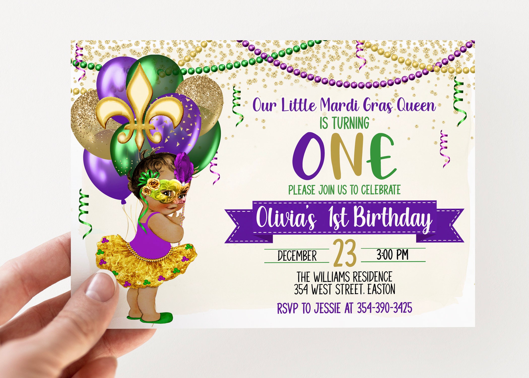 Mardi Gras First Birthday Party Invitation Queen Princess