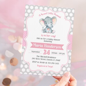 Elephant Girl Baby Shower Invitation, A Little Peanut is On The Way, Cut Baby Elephant Invite, Digital or Printed