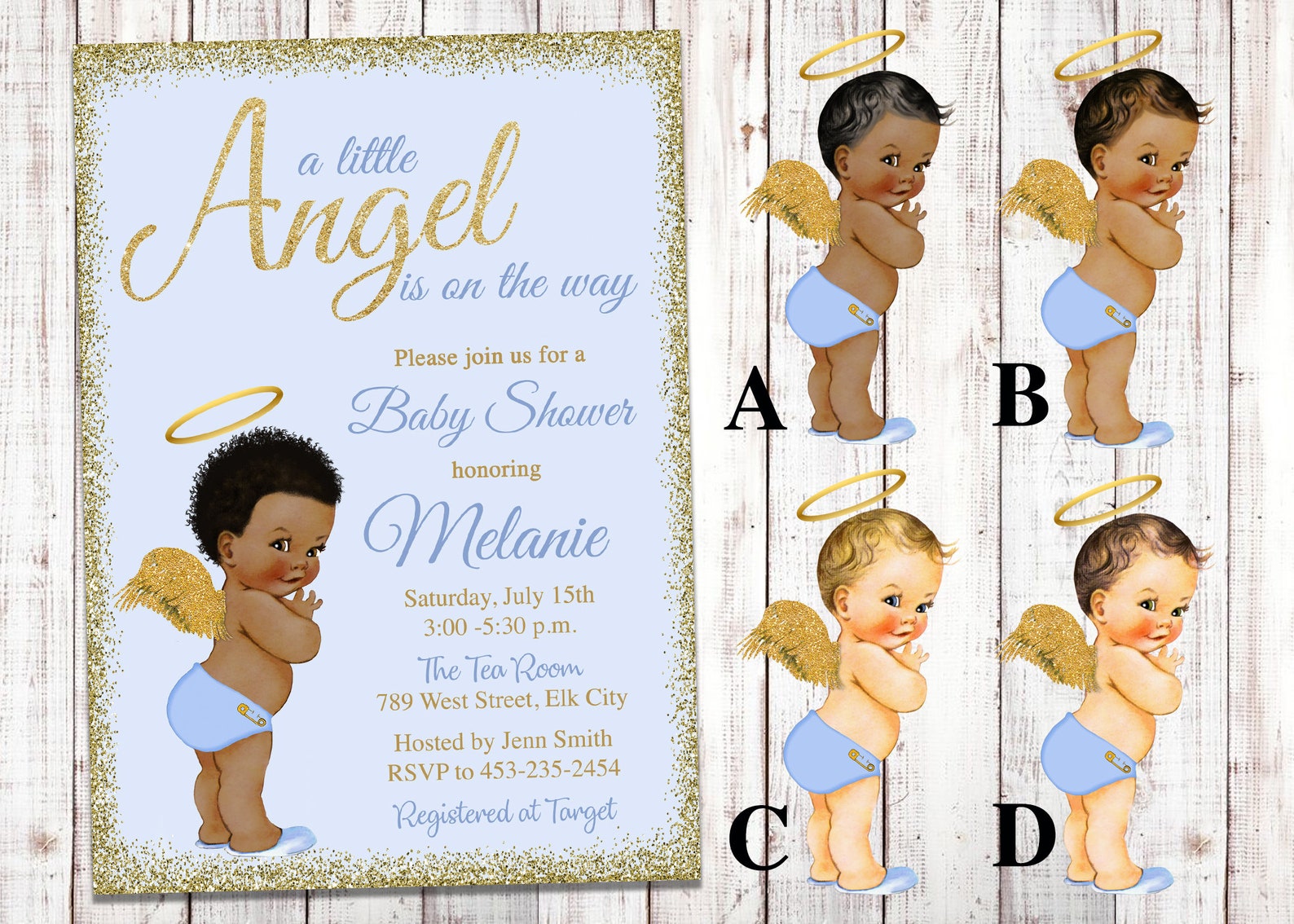 Angel Baby Shower Invitation Boy Blue Angel Gold Baby Etsy