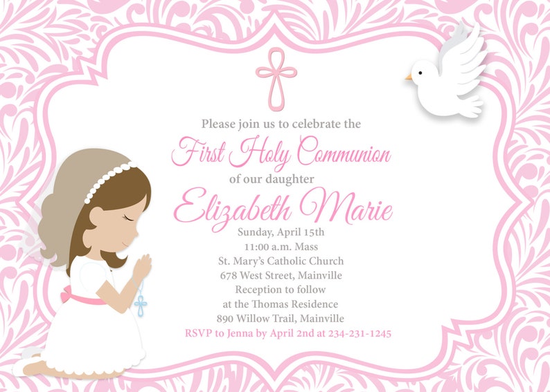 First Communion Invitation Girl Pink Communion Holy Etsy