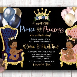 Principe Principessa Baby Shower Invito, Gemelli, Ragazzo e Ragazza, Twin Shower, Principe, Principessa, Corona, Oro, Reale, Digitale o Stampato