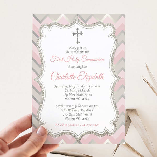 First Holy Communion Invitation, Communion, First Communion, Girl, Silver, Pink, Digital or Printed