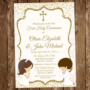 First Holy Communion Invitation for Siblings, Twins, Cousins, Choose Hair Color,  Choose Gender, Digital or Printed